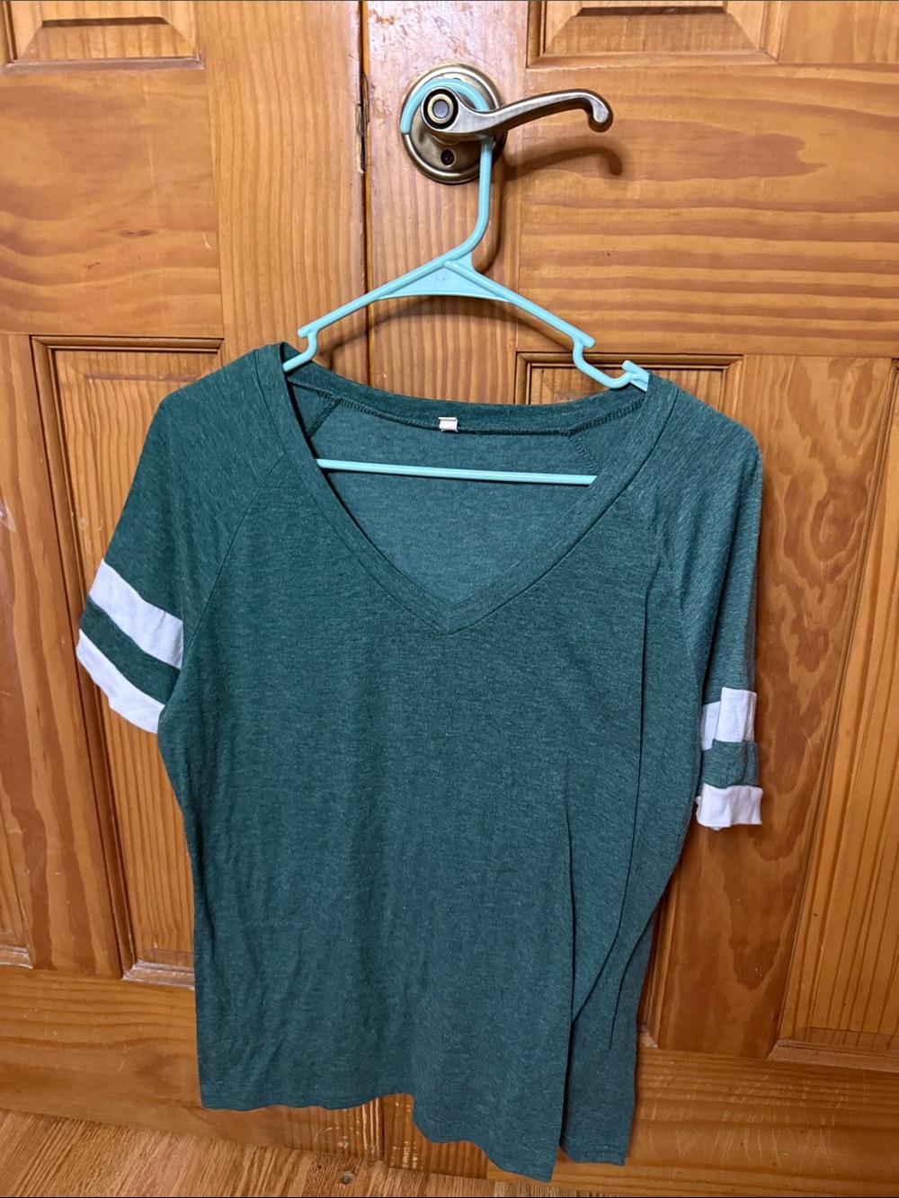 Casual V-Neck Short Sleeve Tee in Forest Green with Sleeve Stripes
